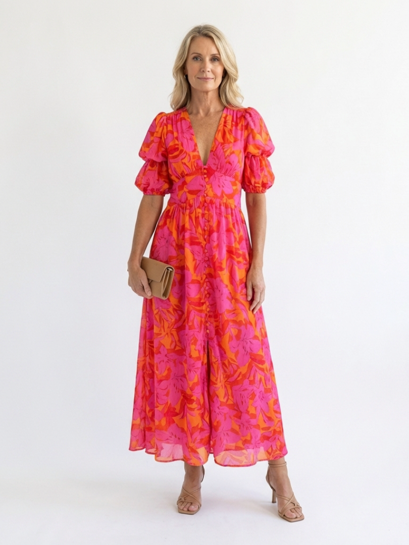 Daisy | Floral V Neck Puff Sleeve Midi Dress
