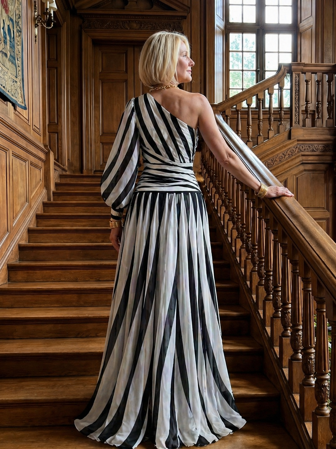 Hannah | Elegant Striped Maxi Dress with One Shoulder