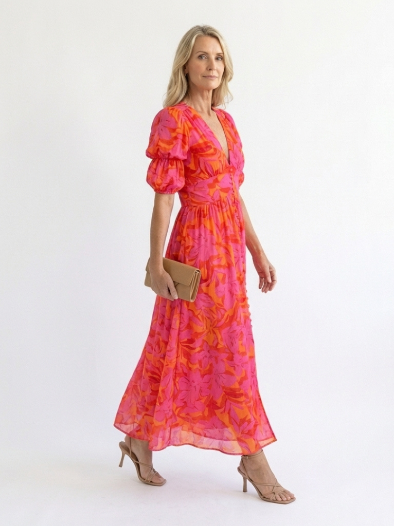 Daisy | Floral V Neck Puff Sleeve Midi Dress