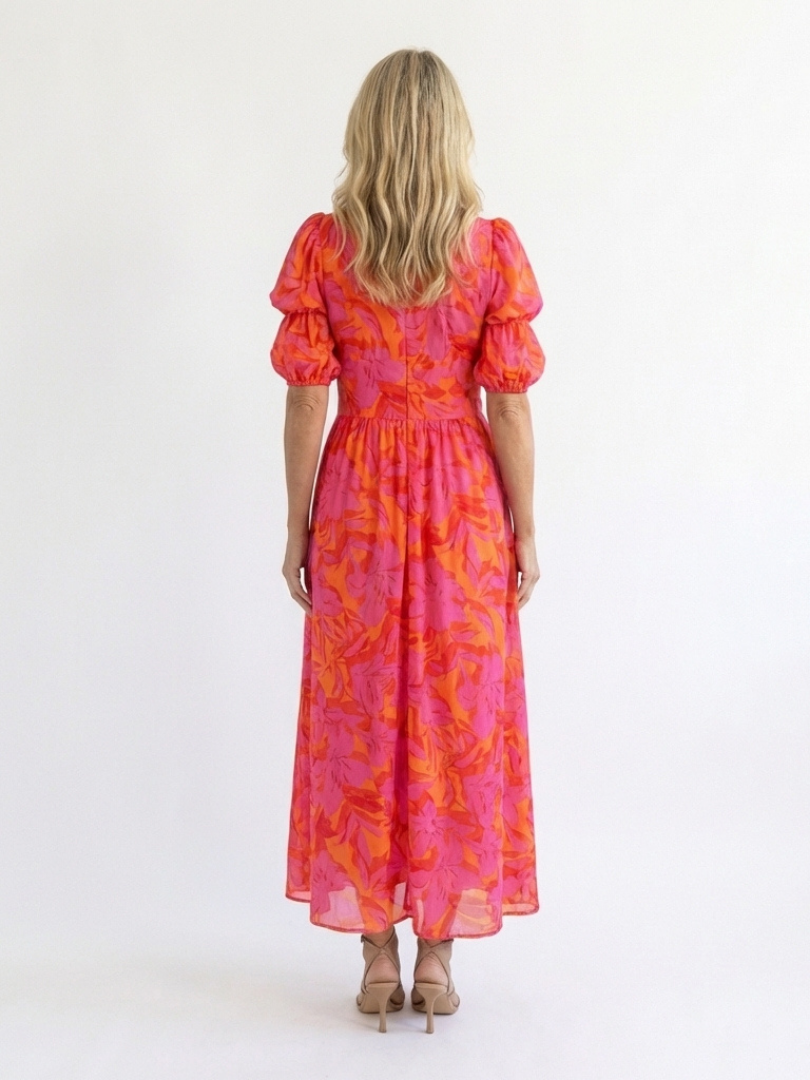 Daisy | Floral V Neck Puff Sleeve Midi Dress
