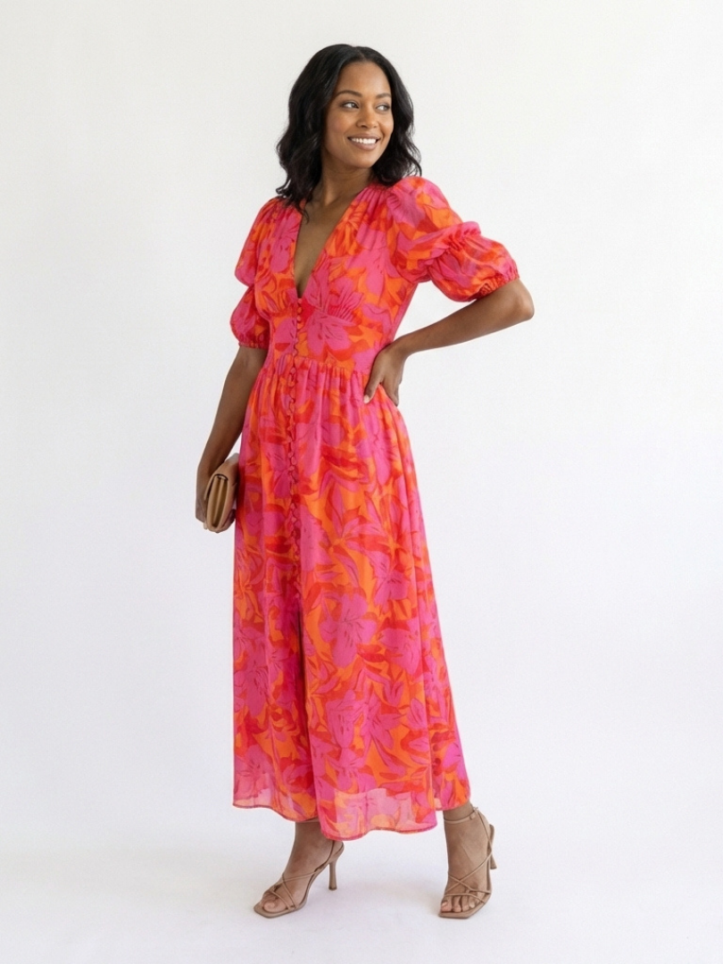 Daisy | Floral V Neck Puff Sleeve Midi Dress
