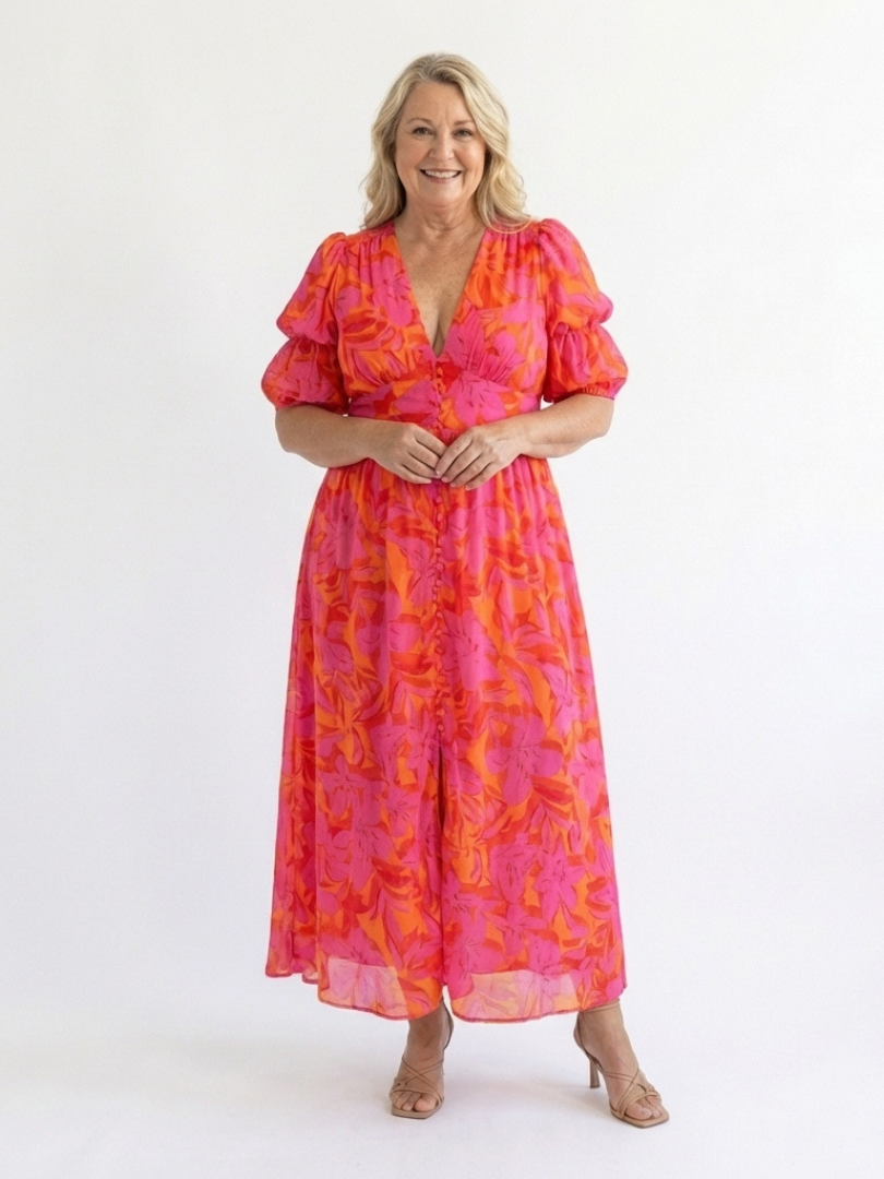 Daisy | Floral V Neck Puff Sleeve Midi Dress