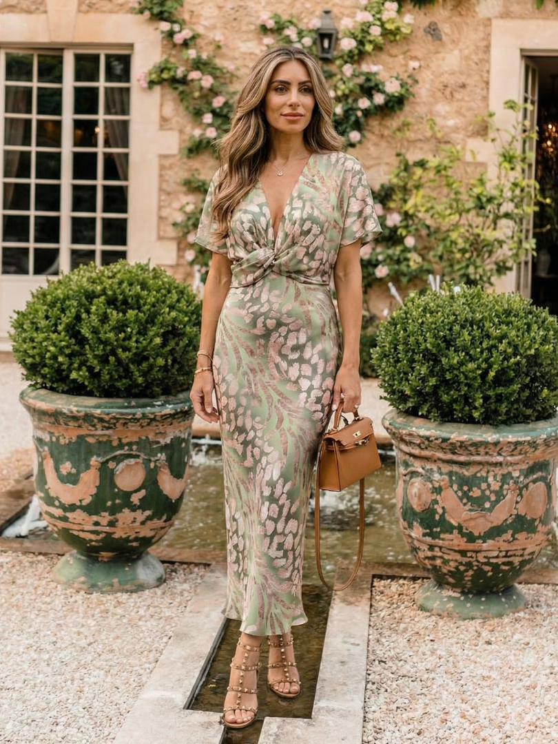 Olivia | Abstract Print V Neck Twist Waist Midi Dress