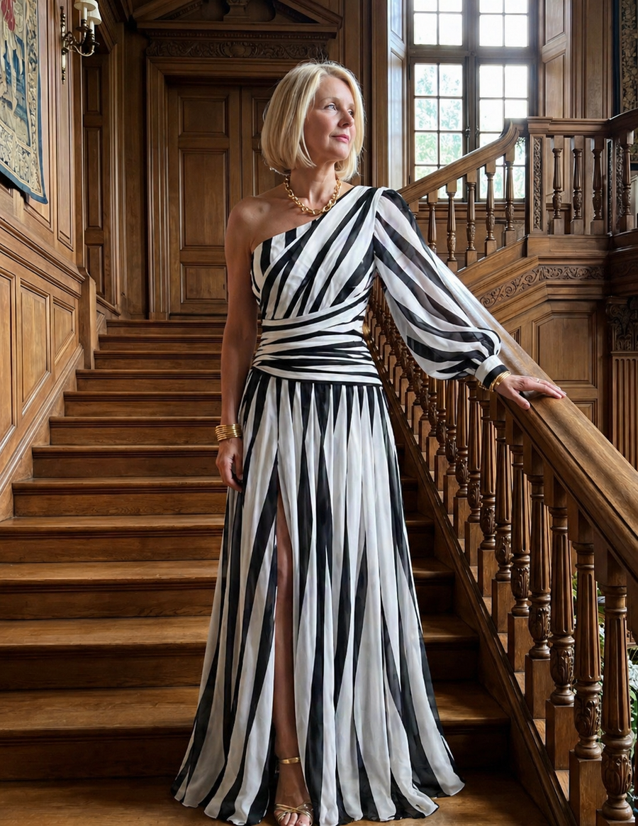 Hannah | Elegant Striped Maxi Dress with One Shoulder