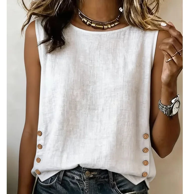 Casual Linen Tank Top with Button Side Detail