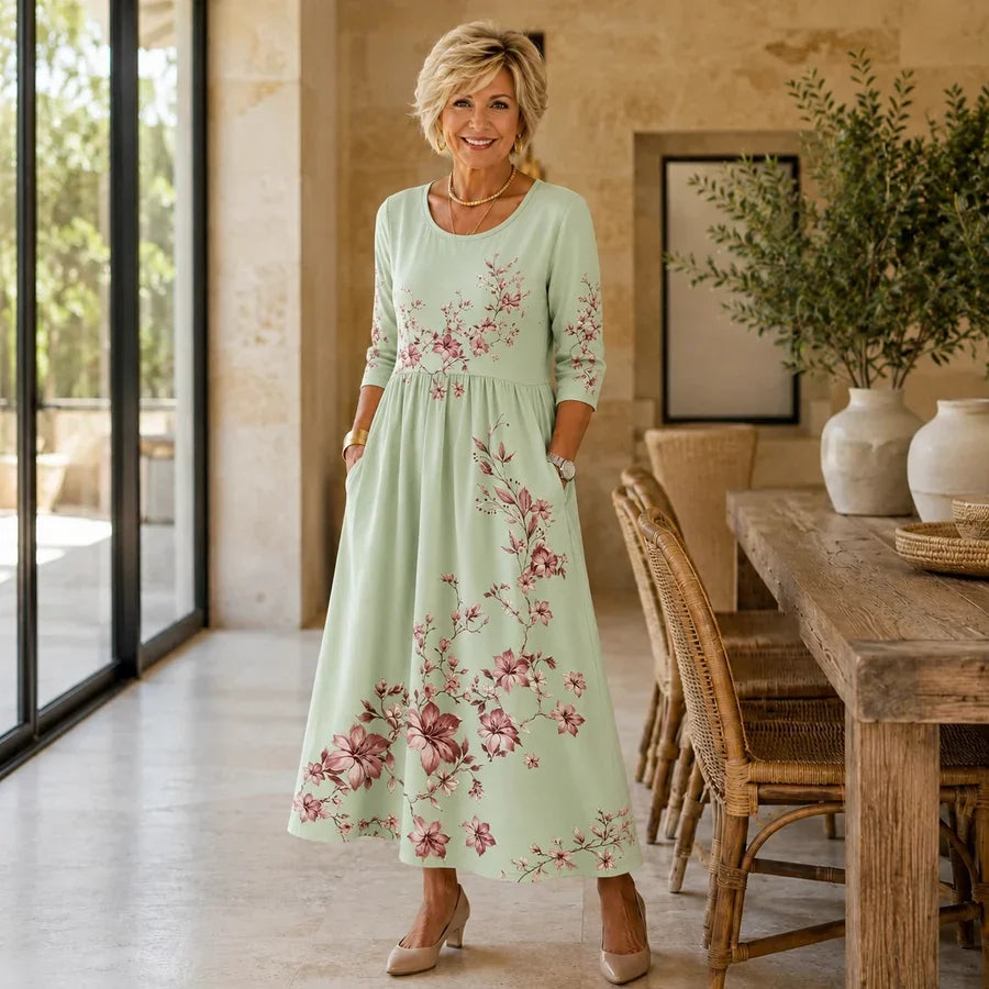 Sage Blossom Grace Pocket Midi Dress