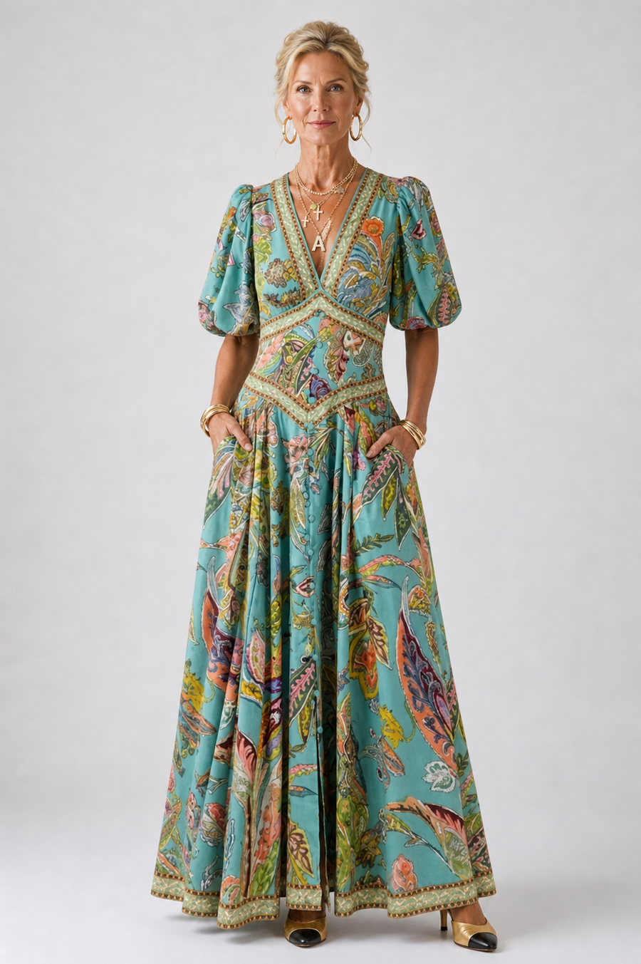 Amelia | Airy maxi dress with puff sleeves and V-neck
