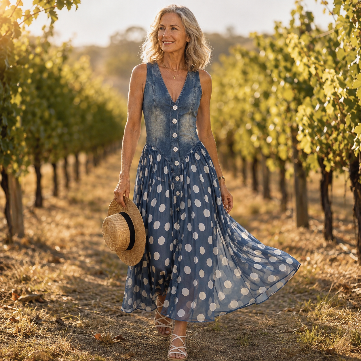 Jasmin - Denim Dress With Polka Dot Chiffon Skirt