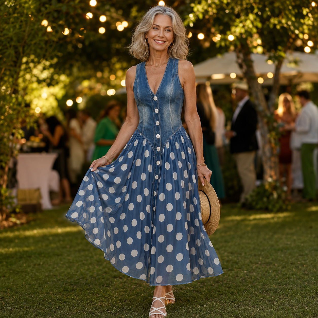 Jasmin - Denim Dress With Polka Dot Chiffon Skirt