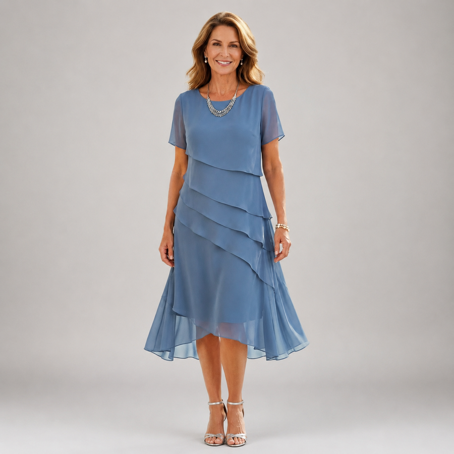 Carol | Wedding guest Chiffon Midi Dress with Tiered Skirt and Short Sleeves