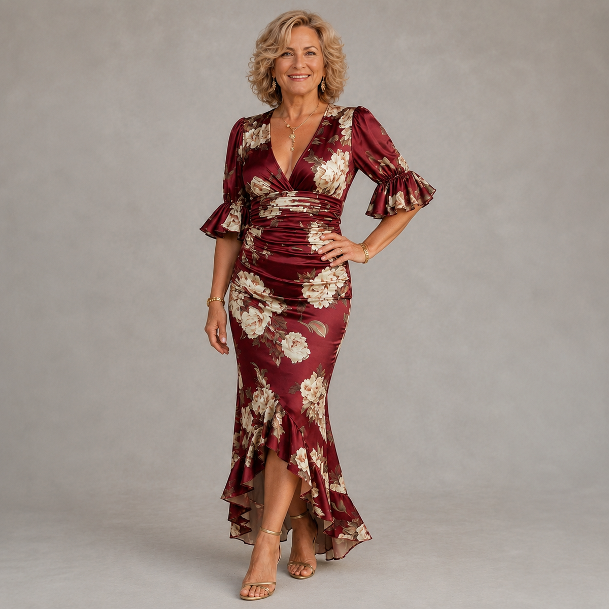 Anastasia | Long Satin Dress with Floral Print