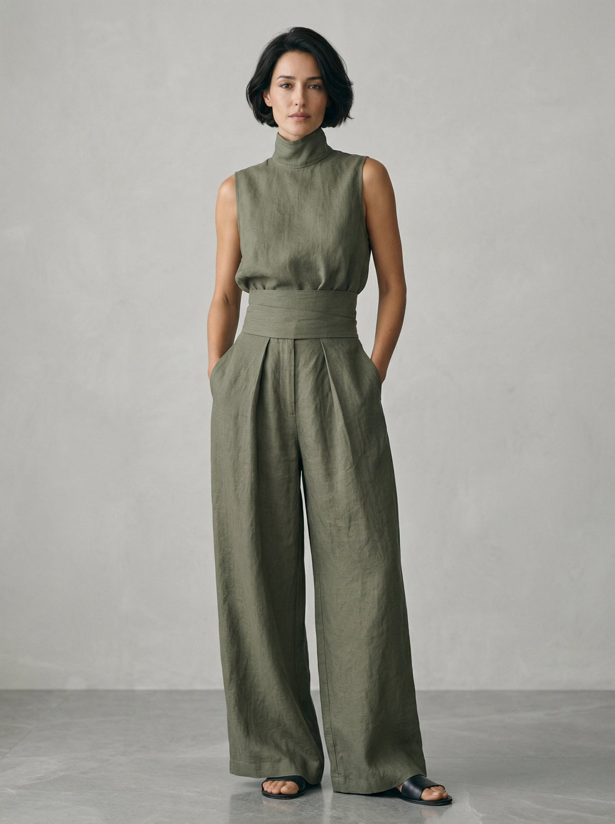 Lynette™ | High-Neck Cotton Top & Wide-Leg Trouser Set