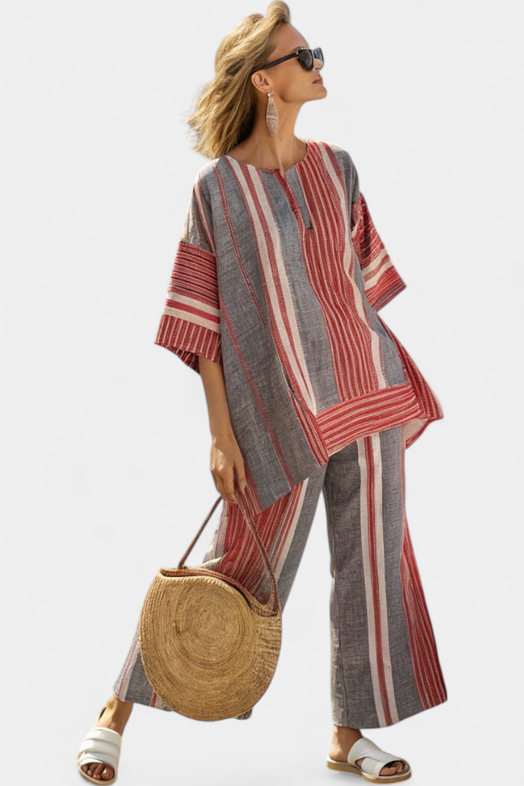 Bravine | Elegant Coral-Grey Linen Top & Wide-Leg Pants