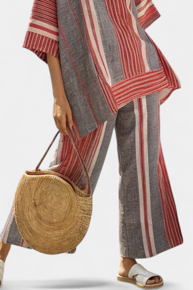 Bravine | Elegant Coral-Grey Linen Top & Wide-Leg Pants