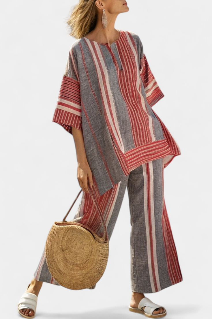 Bravine | Elegant Coral-Grey Linen Top & Wide-Leg Pants