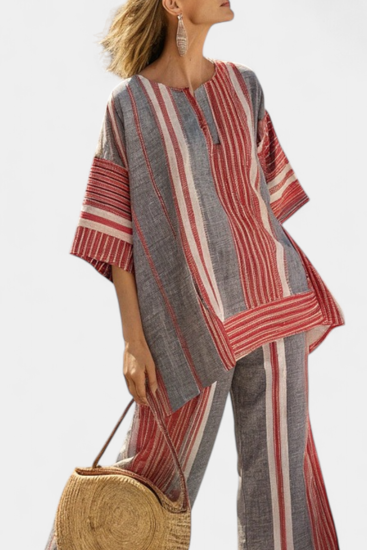 Bravine | Elegant Coral-Grey Linen Top & Wide-Leg Pants