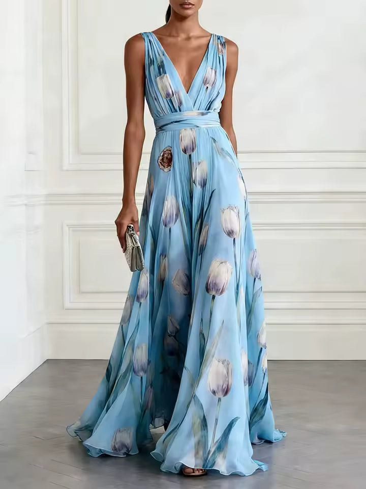Elara | Sky Blue Tulip Print V-Neck Maxi Dress