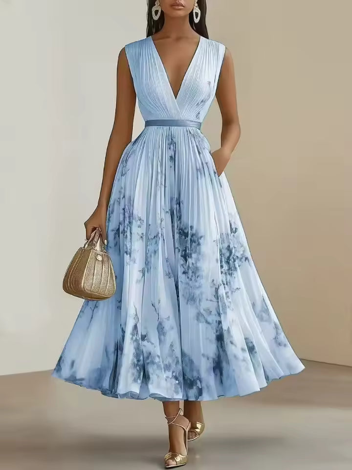 Aria | Sky Blue Pleated Floral V-Neck Midi Dress