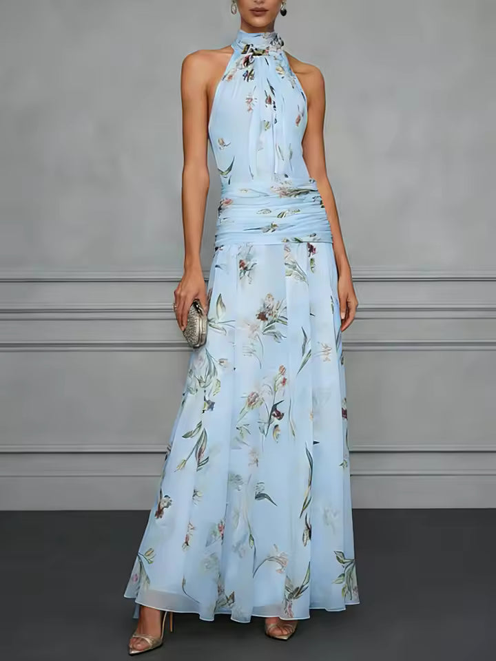Selene | Sky Blue Delicate Floral Halter Maxi Dress