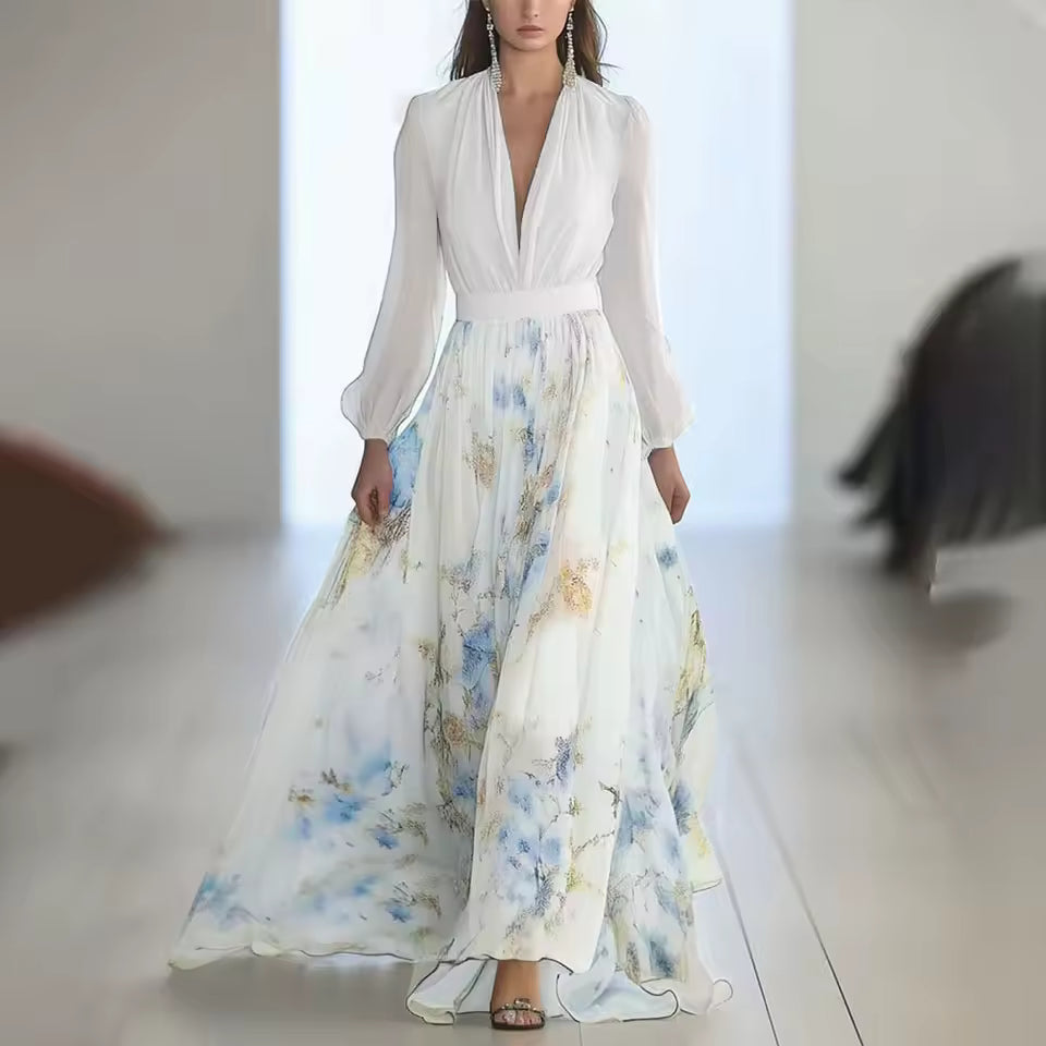 Aurielle | Ivory Blue Blossom Long Sleeve Maxi Dress