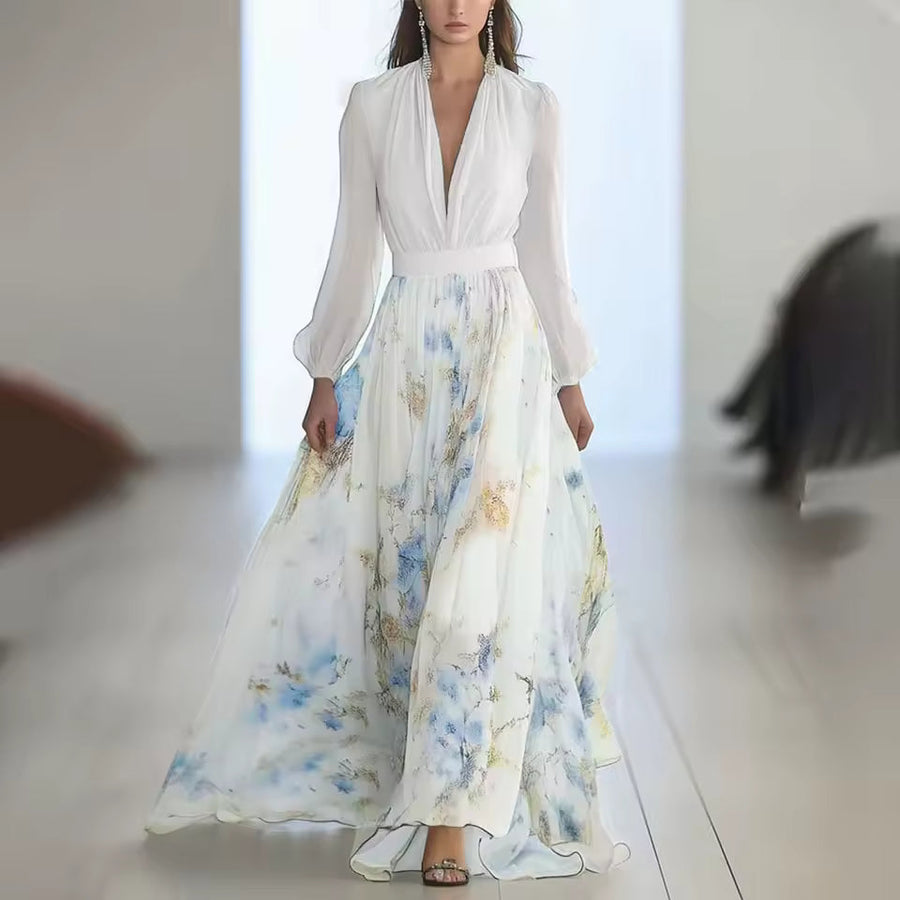 Aurielle | Ivory Blue Blossom Long Sleeve Maxi Dress