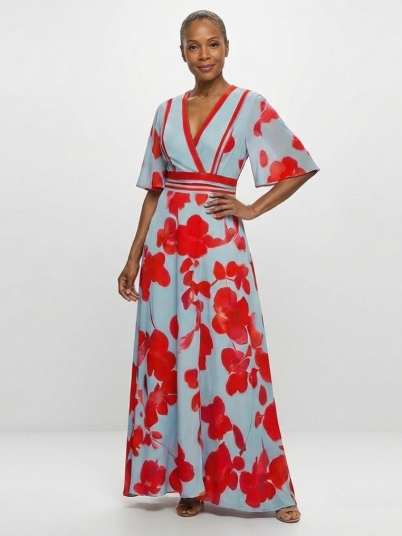 Isla | V Neck Short Sleeve Floral Maxi Dress