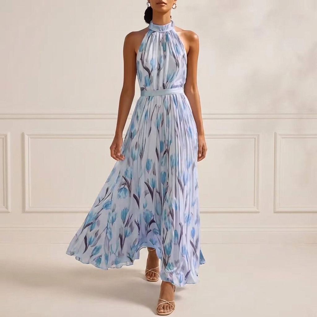 Liora | Ocean Blue Floral Halter Maxi Dress