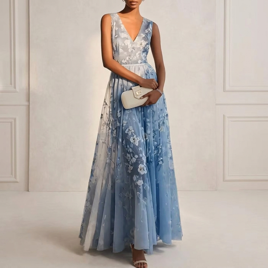 Amelia | Dusty Blue Floral Lace V-Neck Maxi Dress