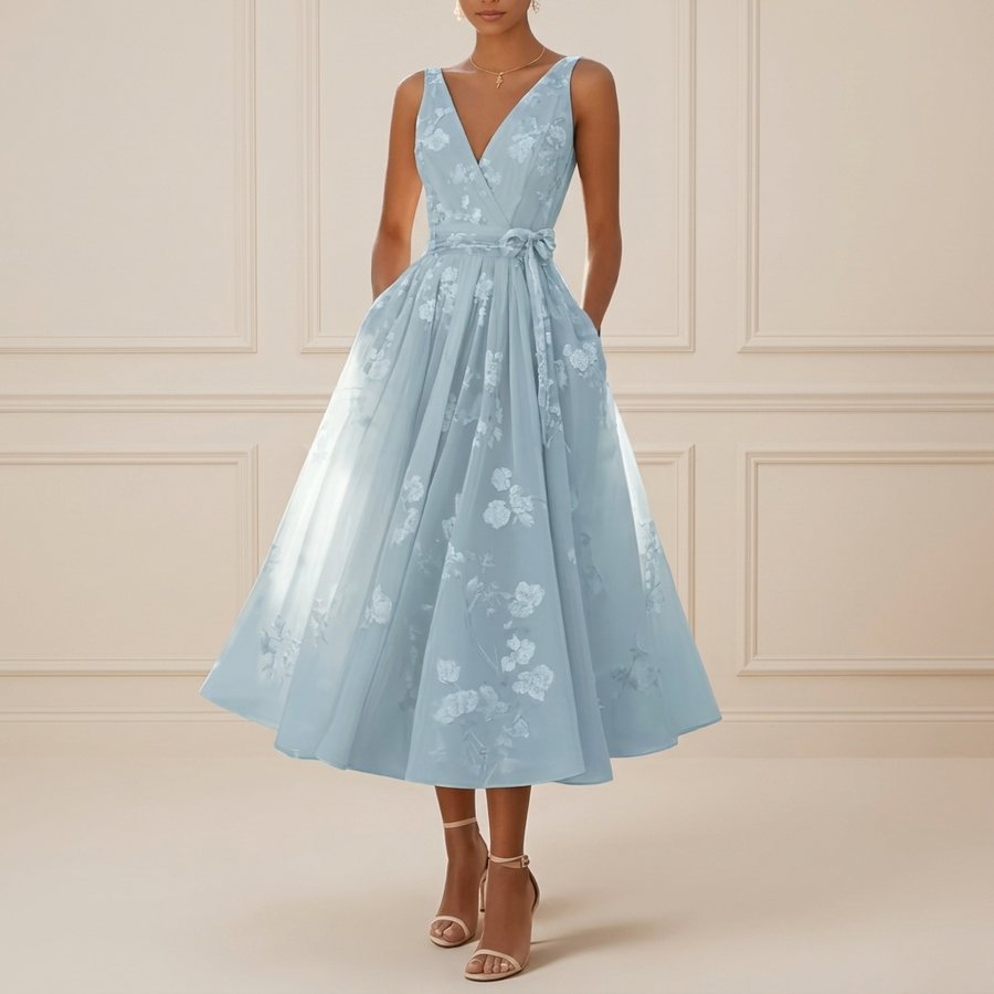 Celeste | Soft Powder Blue Floral V-Neck Midi Dress