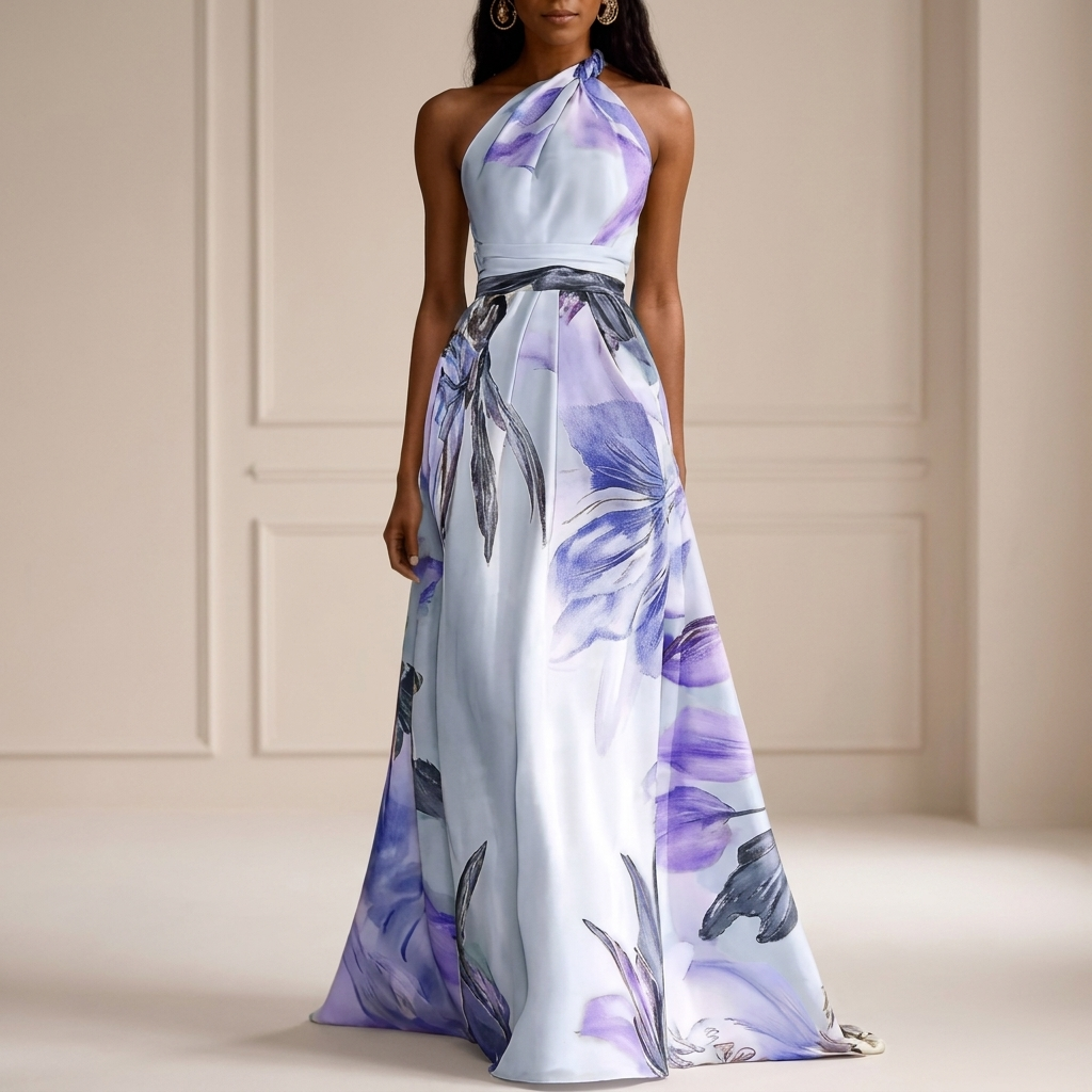 Isabella | Soft Blue Lavender Floral Halter Maxi Dress