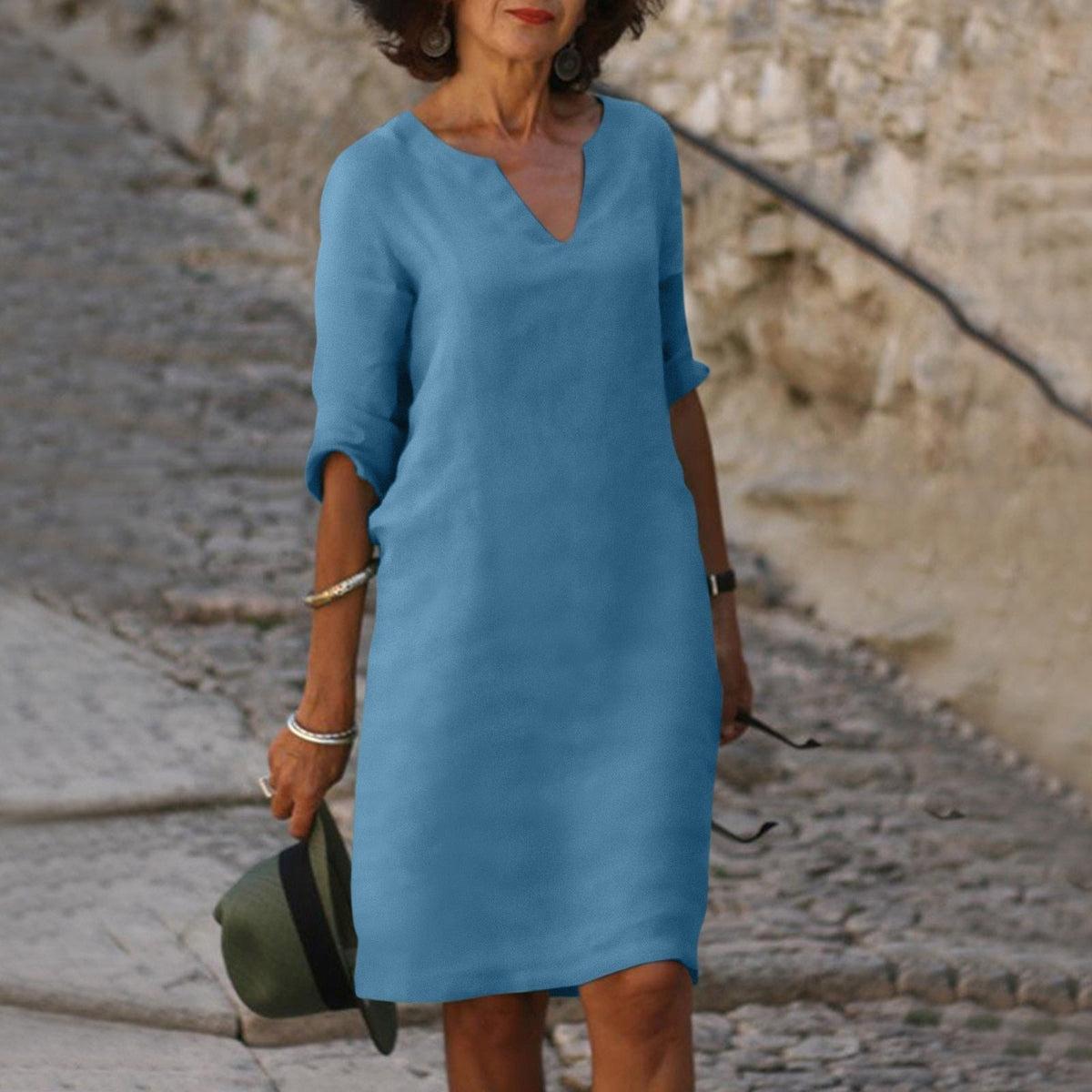 Women's V-Neck Linen Spring Midi Dress