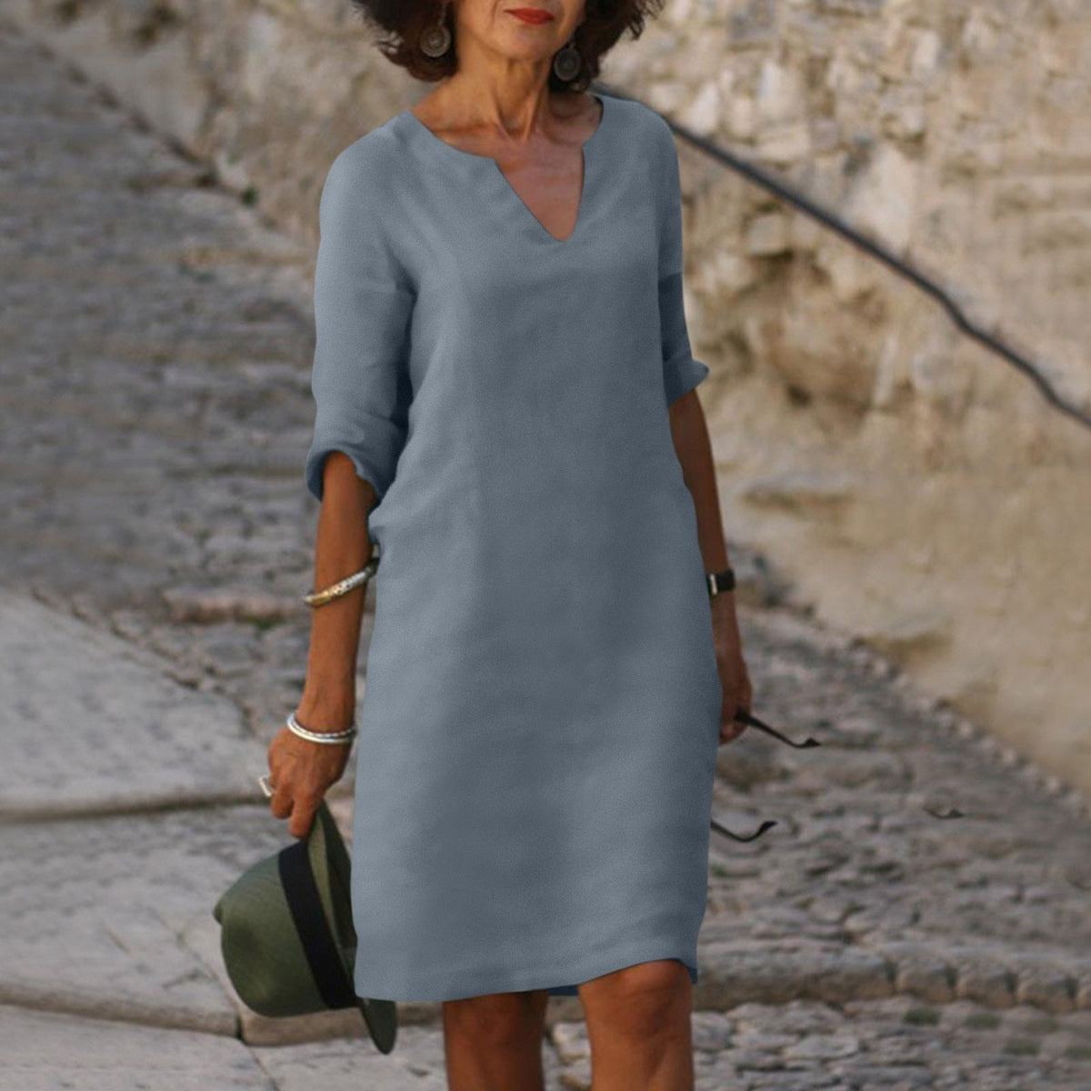 Women's V-Neck Linen Spring Midi Dress