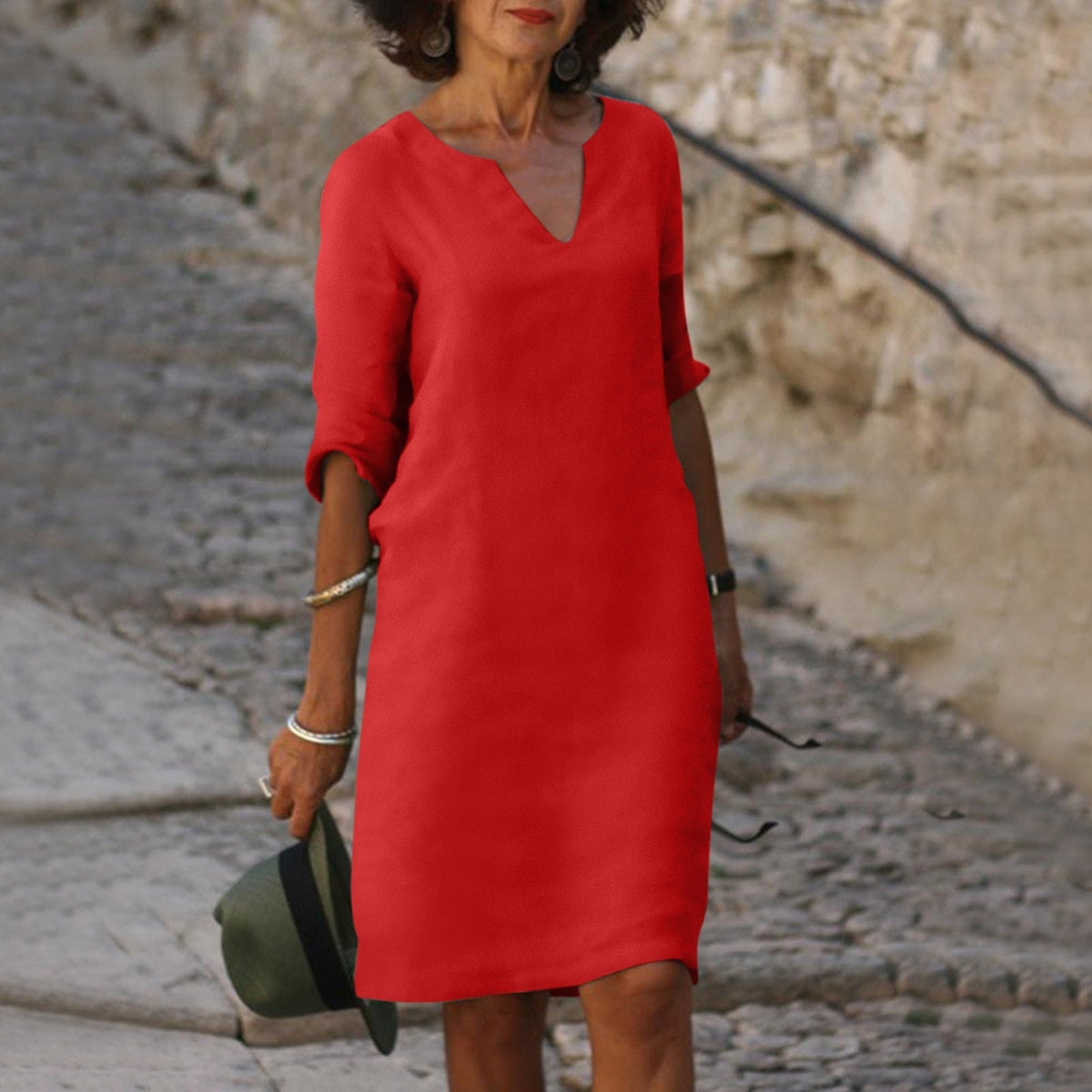 Women's V-Neck Linen Spring Midi Dress