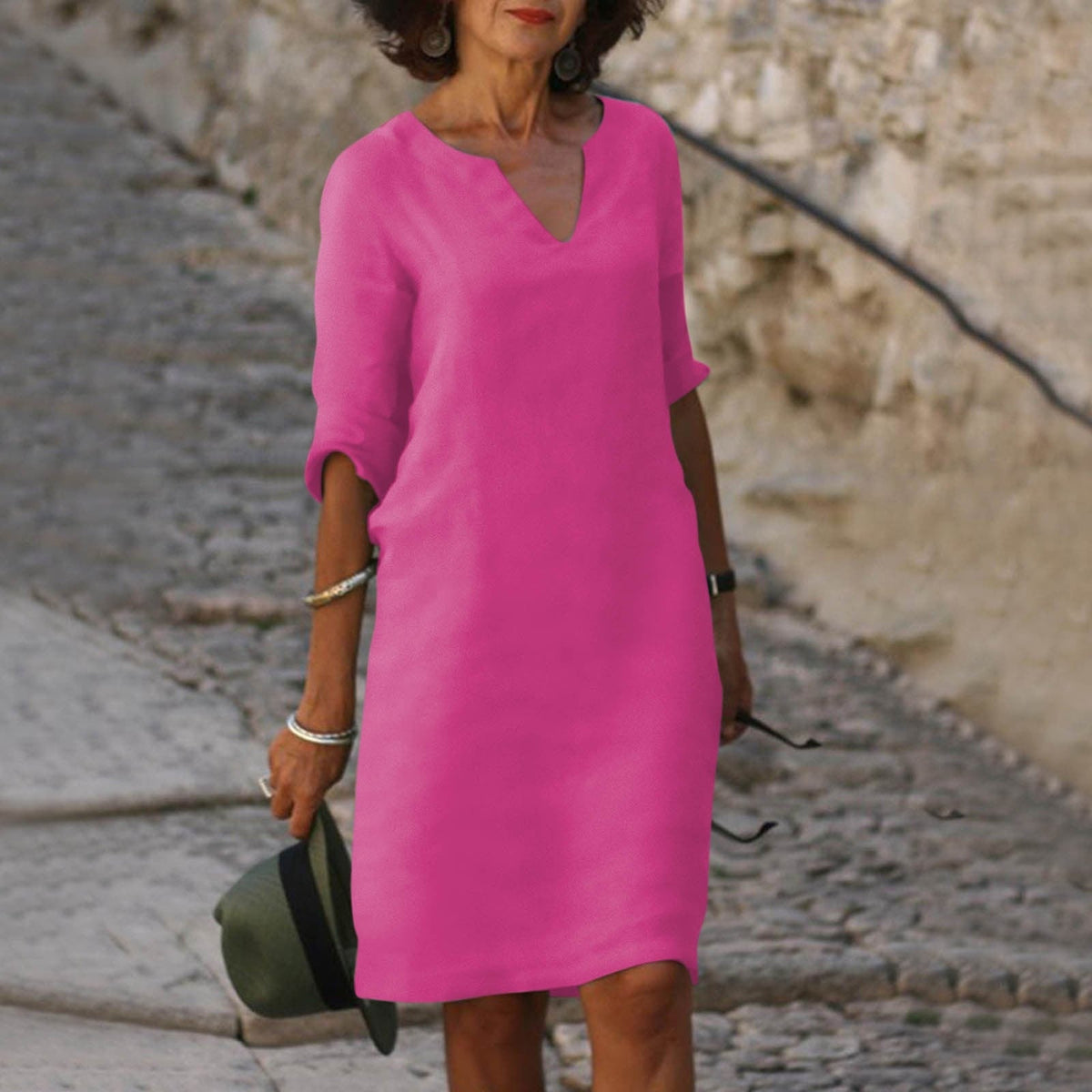 Women's V-Neck Linen Spring Midi Dress