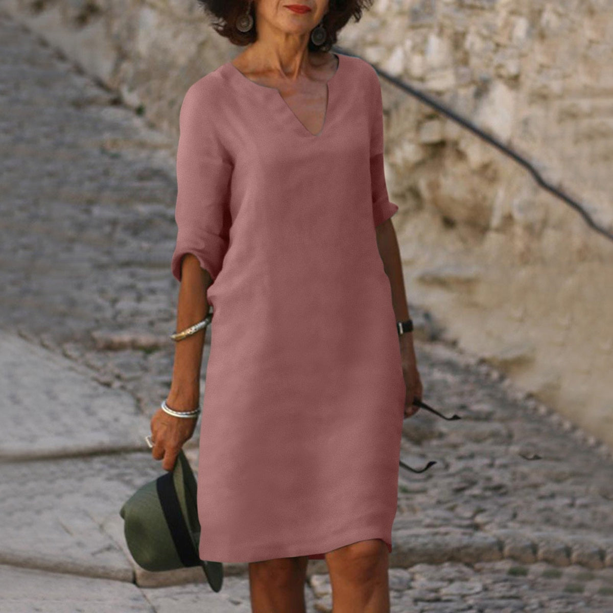 Women's V-Neck Linen Spring Midi Dress