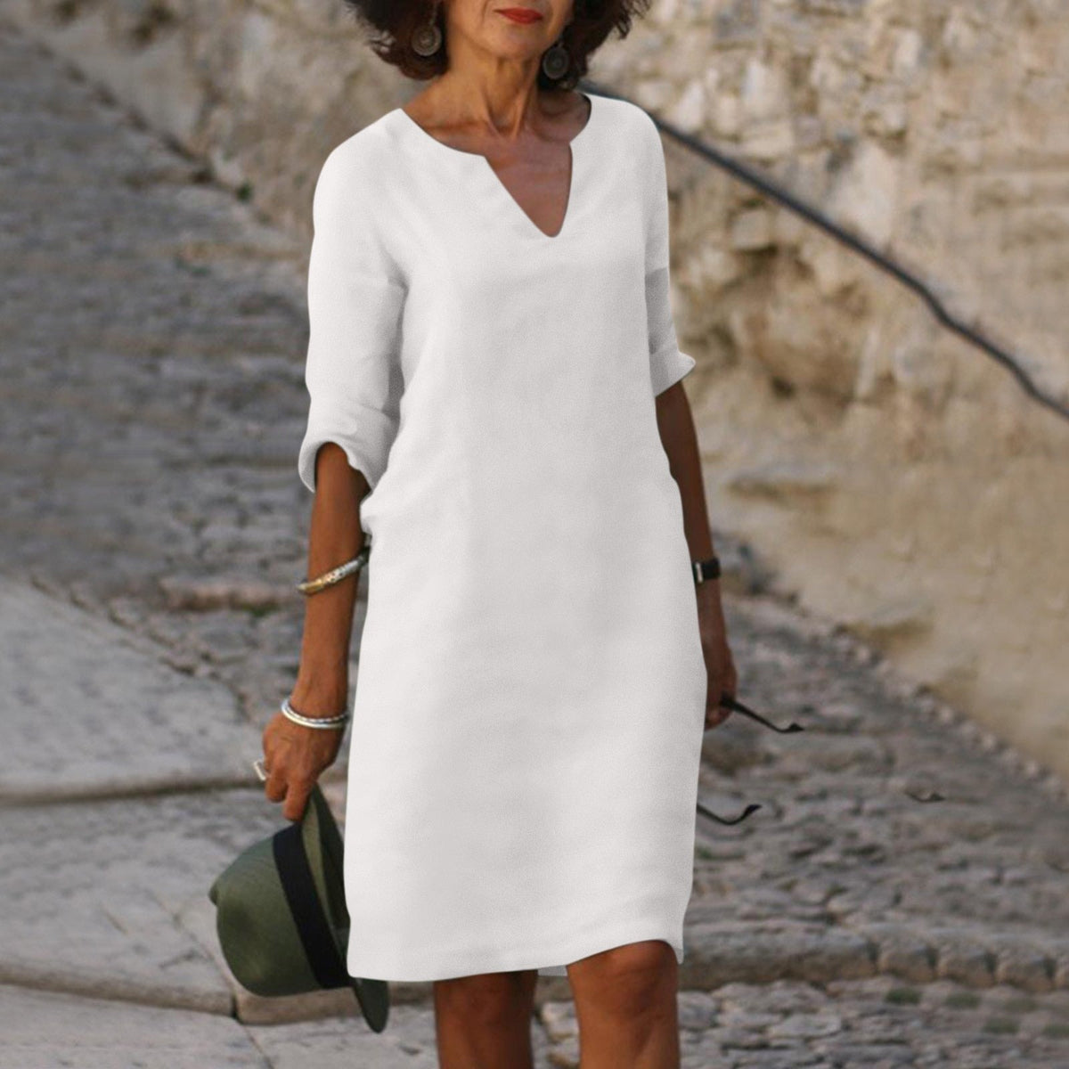 Women's V-Neck Linen Spring Midi Dress