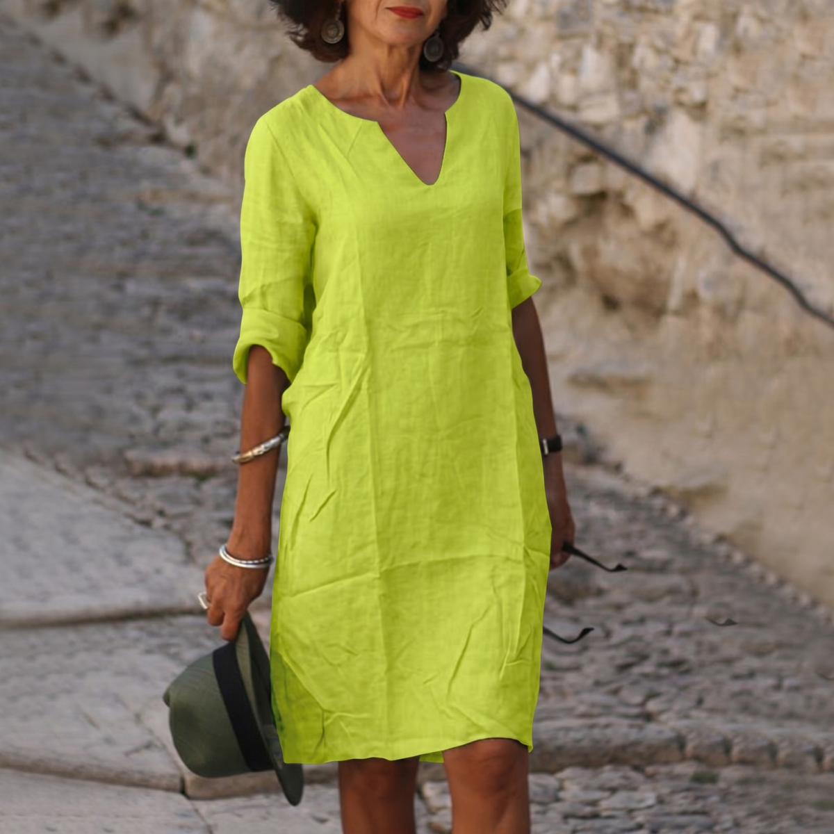 Women's V-Neck Linen Spring Midi Dress